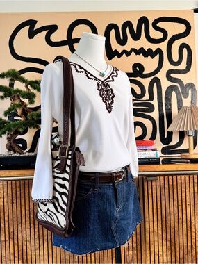 Joseph White Brown Embroidered V-Neck Top Vintage Boho Resort Blouse